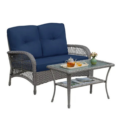 2 Piece Outdoor Wicker Patio Furniture Set, 2-seater Rattan Loveseat With Tempered Glass Coffee Table & Navy Blue Waterproof Cushions
