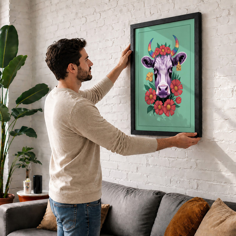Crowned Cow Boho - Framed Print, A4 - 29.7 x 21.0 cm, White