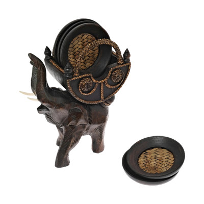 Wood 5 Piece Coaster Set With Holder