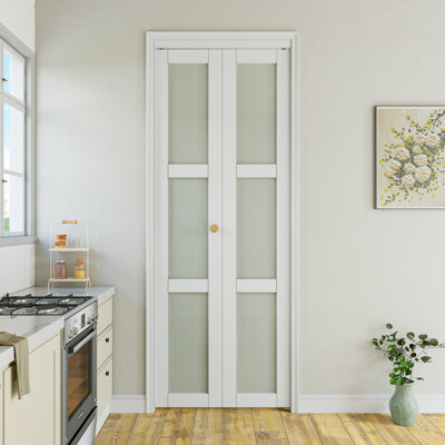 Portes pliantes classiques pliables en verre trempé givré 3-Lite avec trousse de quincaillerie d'installation