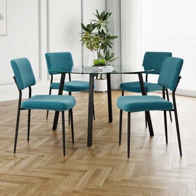 Modern Simple Table With A Glass Table And Four Chairs. Transparent Tempered Glass Countertop, Black Metal Legs, Suitable For Kitchen Living Room Dining Room (Set Of 5)