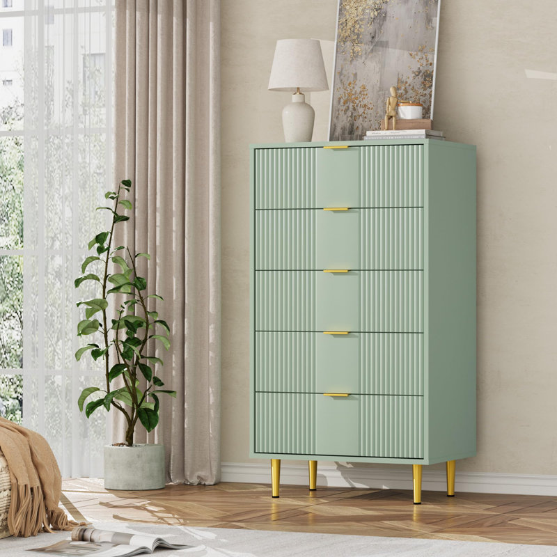 44.3" Tall Fluted 5 Drawer Dresser with Metal Handles, Modern Wood Storage Chest, Green