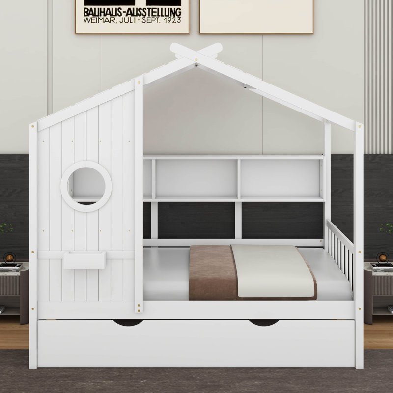 Lit simple avec lit gigogne et tablette, Blanc, Lit simple