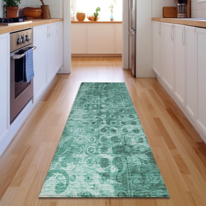 Tapis bleu sarcelle de qualité supérieure lavable à la machine Cerrito AMF577, Tapis de couloir 2 pi 3 po x 7 pi 6 po