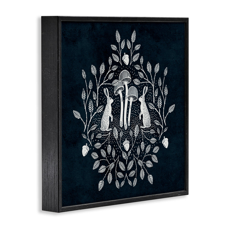 Lapins et feuilles sur fond bleu, estampe numérique par Katie O'Shea, Giclée encadrée noir minuit, H 17 po x l 17 po
