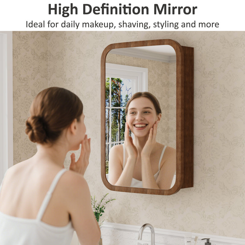 24" H X 16" W Modern Farmhouse Round Corner Wood Medicine Cabinet with High-Definition Mirror, Adjustable Glass Shelves, Reversible Soft-Close Door, Fully Assembled, Surface or Recessed Mount for Bathroom