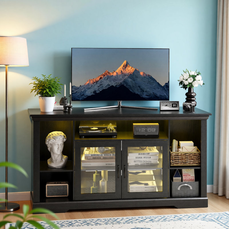 Meuble télé pour téléviseur de 70 po ou moins avec tablettes ouvertes et gestion des câbles, Noir, noir, noir, noir