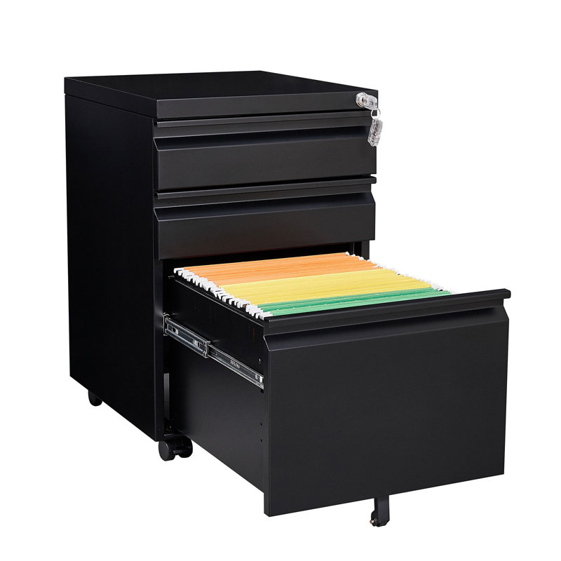 Classeur mobile noir avec serrure - 3 tiroirs de rangement en métal pour le bureau personnel