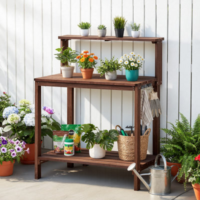 Potting Bench Table, Outdoor Gardening Workstation with 36 x 20 in Wood Tabletop, Garden Planting Work Station with Storage Shelves, Hook for Outside Patio, Backyard, Brown