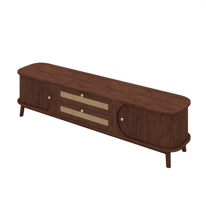 Rattan TV Stand For Tvs Up To 75", Entertainment Center With Solid Wood Legs, Natural Wood/Brown