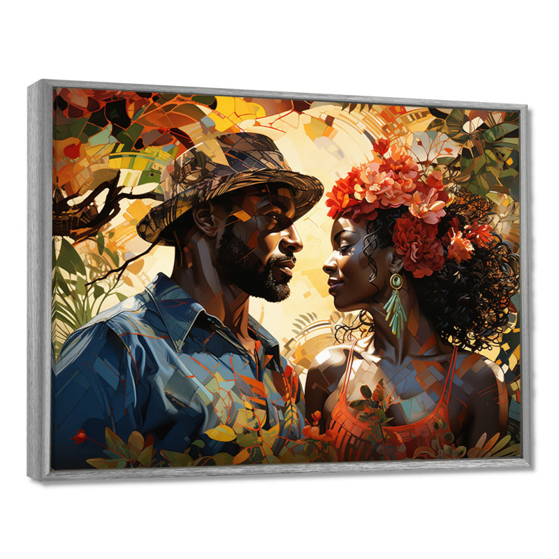 «African Couple Resilient I» - Art mural américain africain, H 30 po x l 40 po x P 1,5 po, Encadrement argenté