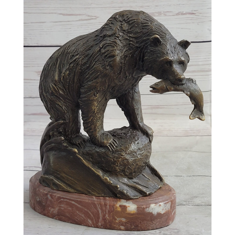 Bronze Bear with Fish Metal Sculpture on Marble Base