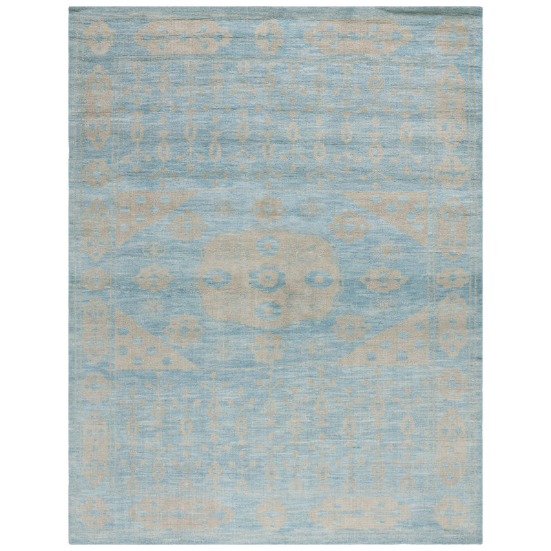 Kenya Hand Knotted Wool/Cotton Floral Rug in Light blue, Rectangle 8' x 10'