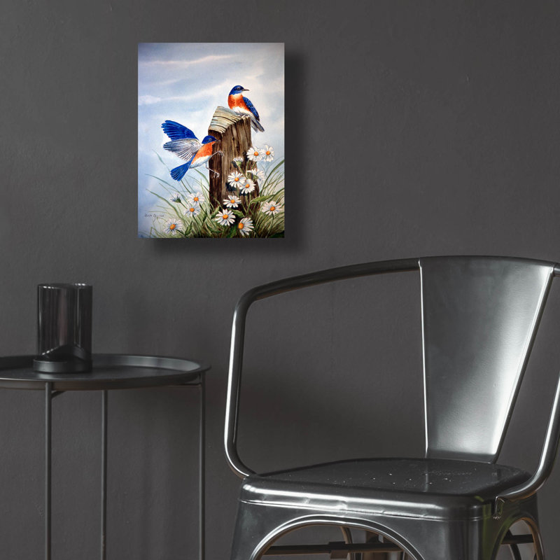 «Bluebirds With Daisies 2» par Arie Reinhardt Taylor, art en verre acrylique Wal, H 16 po x l 12 po x P 0,13 po