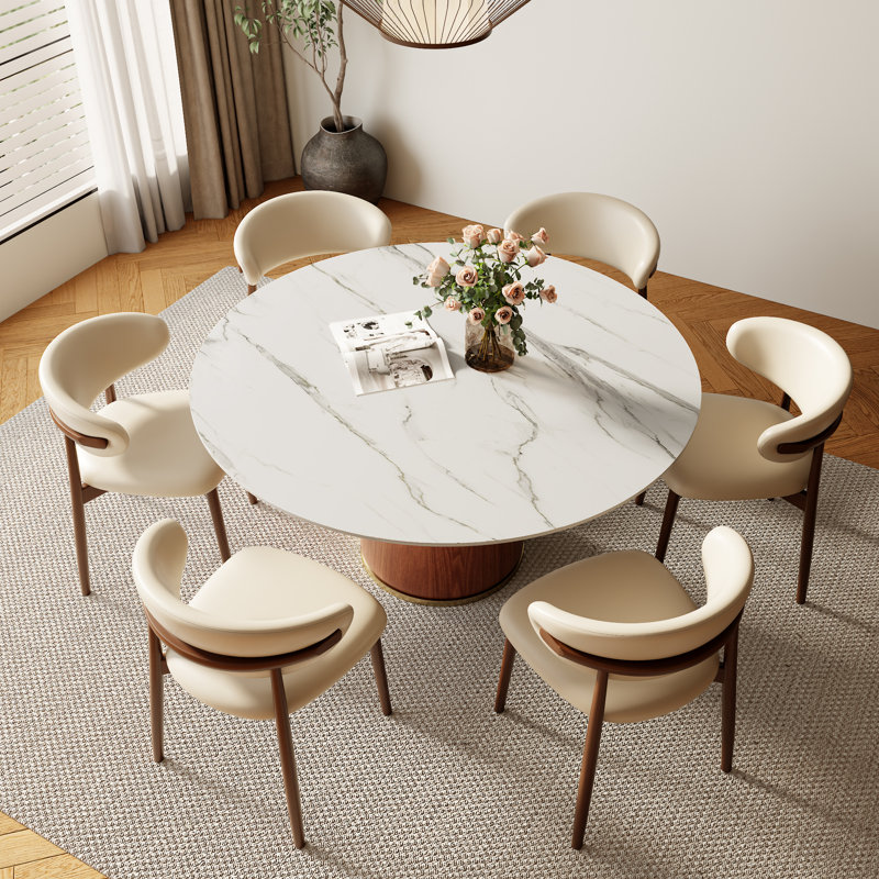7 - Piece Round Stone Dining Table Set Solid Wood Pedestal (1 Table 6 Chairs), White, 29.52" H x 53.15" W x 53.15" D