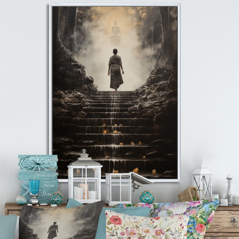 «Kalakis Gray Buddhism Buddhas Footprints I», reproduction sur toile, Cadre flottant blanc, H 40 po x l 30 po x P 1,5 po