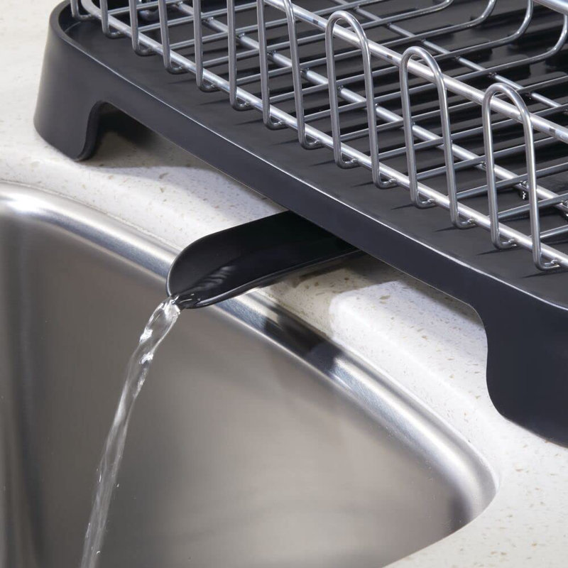 Silver and Black Metal Dish Drying Rack with Utensil Cup
