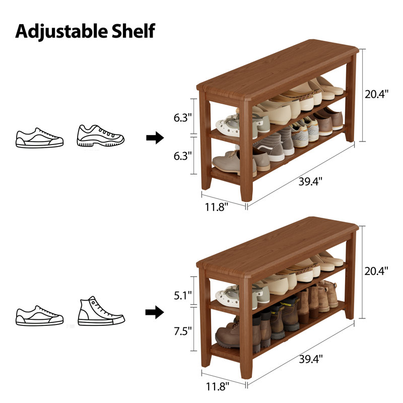 Addisin Aevah Solid Wood 2-Tier Shoe Bench, 39.37″ W, Brown