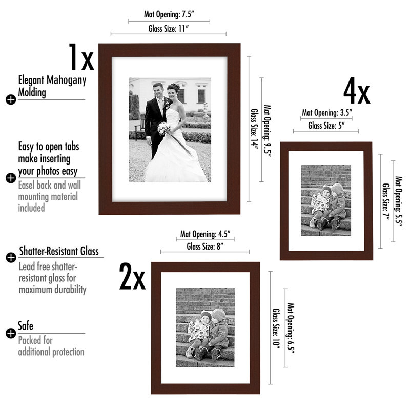 Ensemble de cadres photo, 7 pièces dont une 11 x 14, deux 8 x 10 et quatre 5 x 7 - cadres muraux de galerie, Acajou