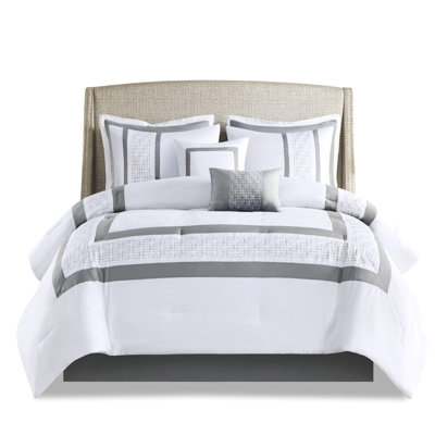 Queen Size 8 Piece Embroidered Comforter - Delightful Accents White And Grey Bedding Filling Comforter, , Shams, Euro Decorative Pillows Machine Washable & Happy Patterns Transitional Style