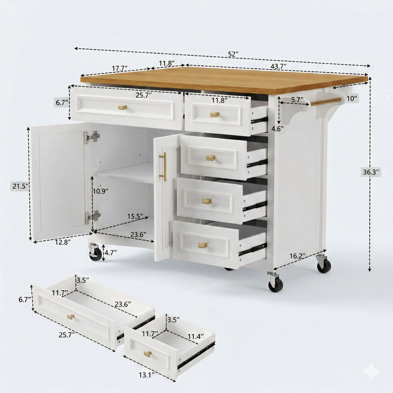 52-Inch Kitchen Island with Drop-Leaf Extension, Embossed Textured Surface, Rolling Island on Wheels with Spice Rack, Towel Holder, 2 Cabinet Doors, and 5 Drawers – Storage Cart with Adjustable Shelf, White Finish