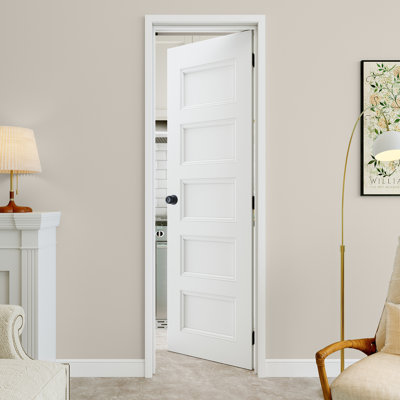 Porte intérieure pré-suspendue 24 po x 80 po à 5 panneaux avec levier incurvé et charnières noires et cadre droit, pouvant être lavée, porte de placard, portes de pièce