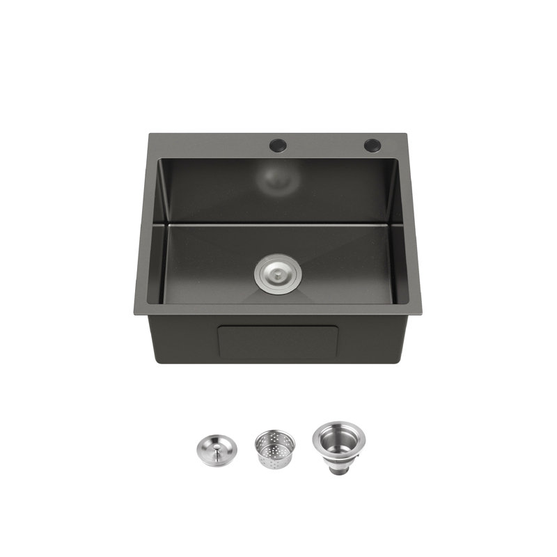 Évier de cuisine en acier inoxydable, lavabo simple encastré à la main de 23 po x 19 po noir, avec drain et crochet standard, Ls-Ssbl02