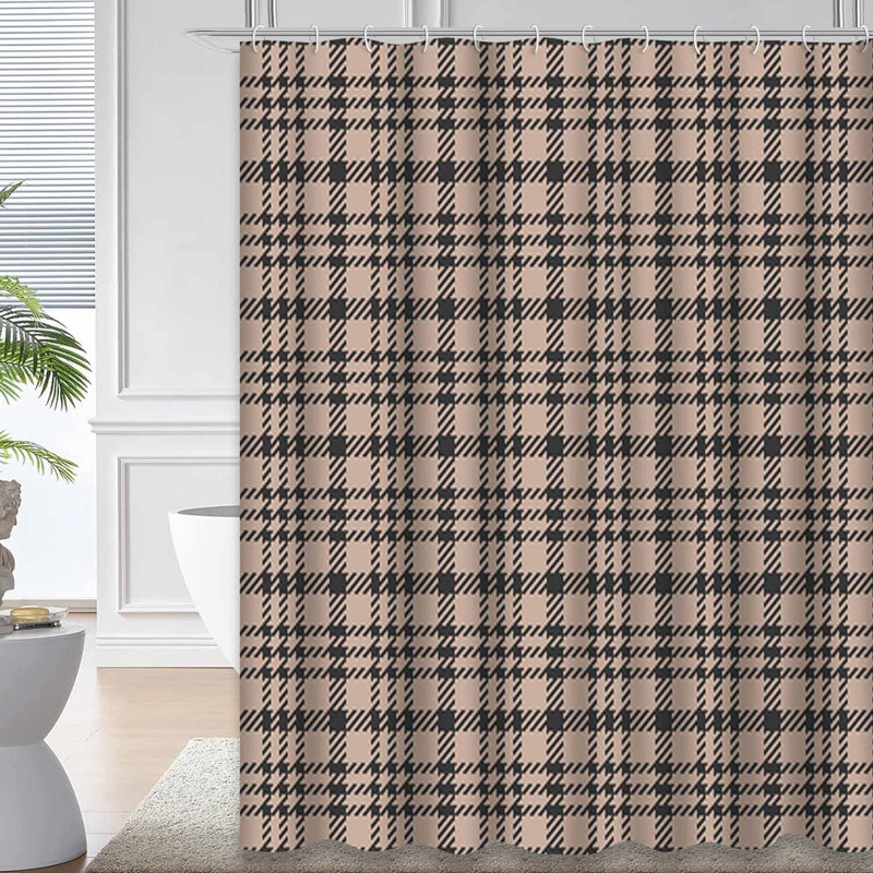 Rideau de douche à carreaux gris tartan beige à carreaux avec 12 crochets, L 72 po x l 78 po
