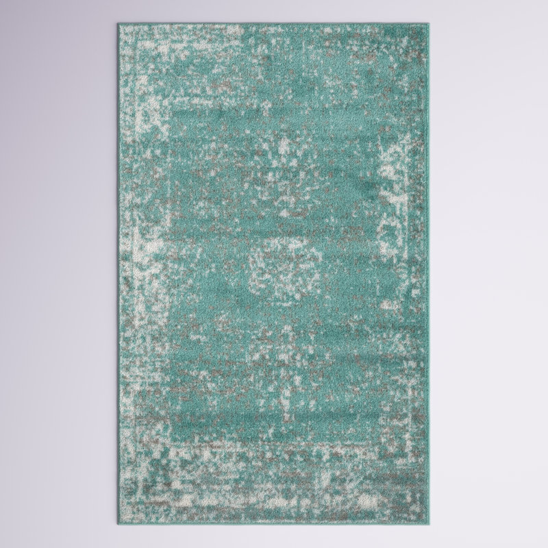 Tapis floral turquoise Brandt, Rectangle 4 pi 1 po x 6 pi 1 po