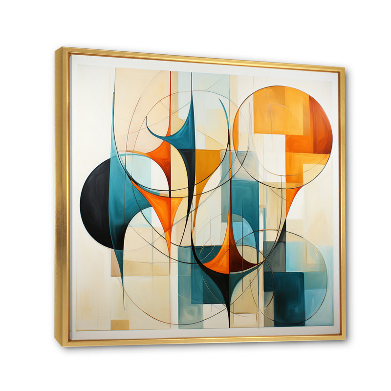 Orange orange bleu Mid Century Harmony In Geometric I - Art abstrait Mid-Century, H 30 po x l 30 po x P 1 po, Doré