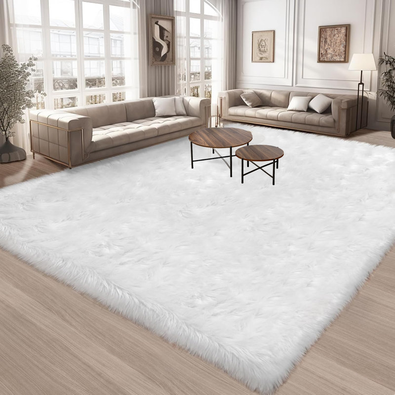 Furry Rug Faux Fur Sheepskin Area Rugs,Cream White High Pile Floor Carpets For Bedroom Shag Plush Carpet, Rectangle 10’ x 14’