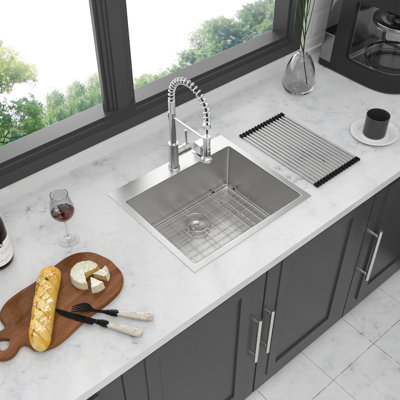 28X22x10 Inch Topmount Sink - Stainless Steel 28" Single Bowl, 16G T304, Sound Insulation, Drain, R10 Corners, Brushed Nickel Style Bowl Topmount, Noise Reduction Pad System, Unhindered Drainage