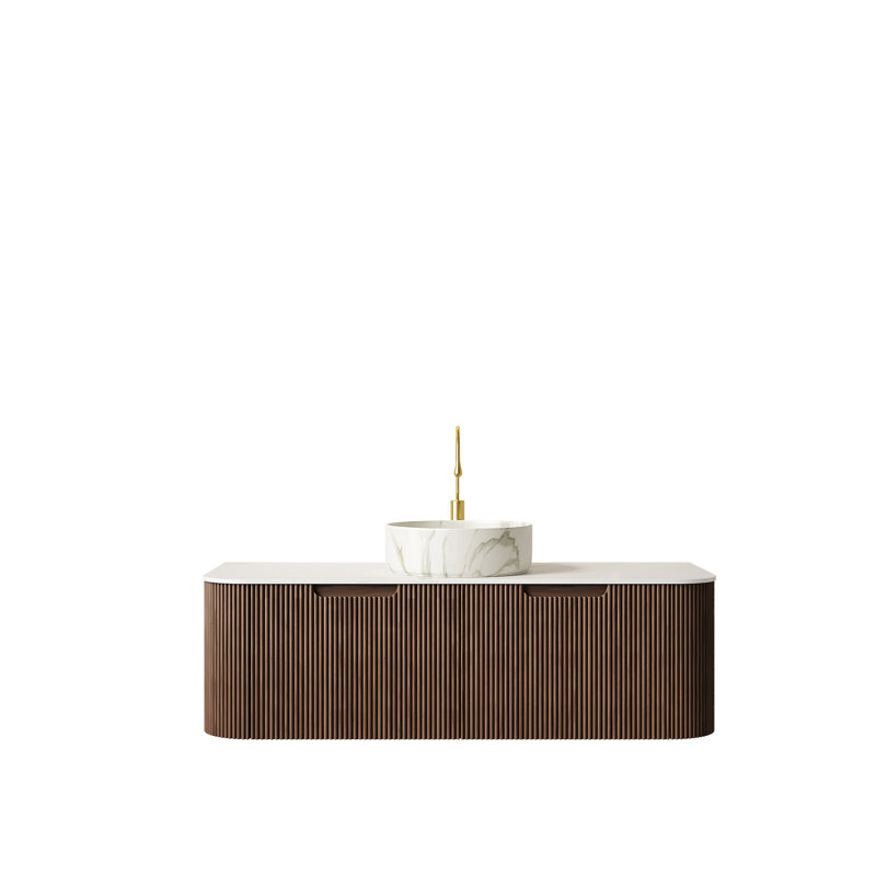 Meuble-lavabo suspendu DINA de 48 po avec lavabo, armoire en bois grain de noyer foncé, comptoir en pierre frittée blanche de Carrare, lavabo rond en céramique, tiroirs à fermeture douce