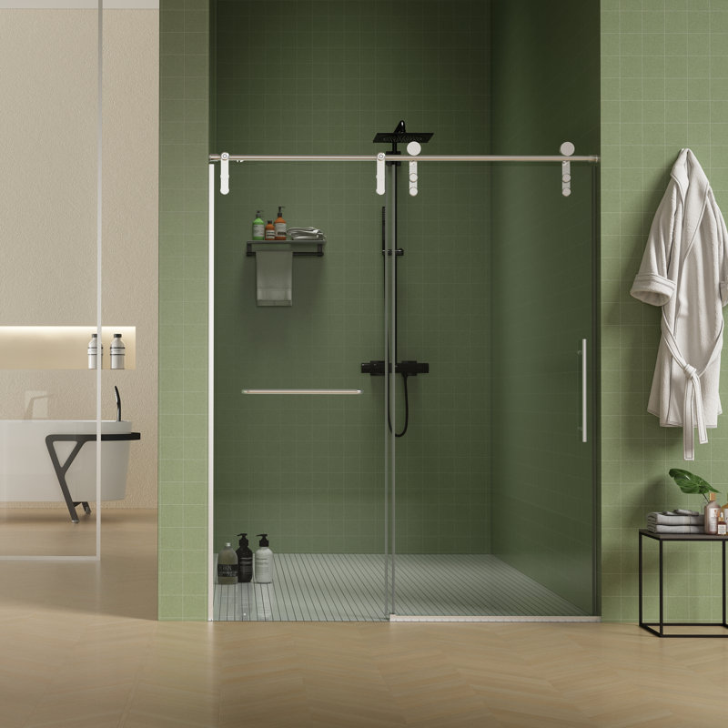 56"-60"W X 70"H Frameless Shower Door, Sliding Shower Door, Premium 5/16"(8Mm) Thick Tempered Glass Shower Enclosure With Towel Bar ,Double Side Easy Clean Coat,Brushed Nickel Finished With Buffer