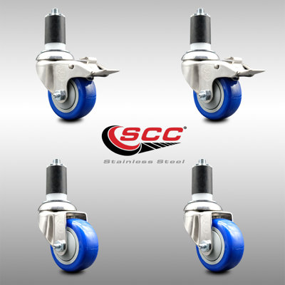 3 Inch 316SS Blue Poly Swivel 1-1/2 Inch Expanding Stem Caster Set 2 Lock Brake