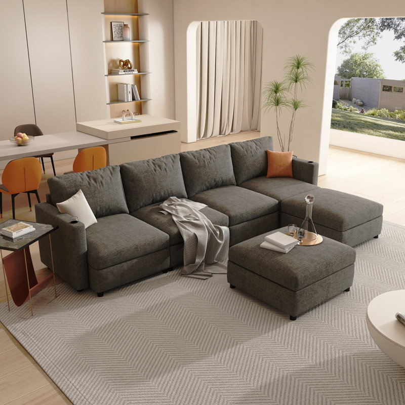 Grand canapé modulaire moderne, canapé modulaire en U avec fonction de rangement, canapé-lit de 123 po avec repose-pieds, méridienne modulaire à 6 places pour salon, chenille