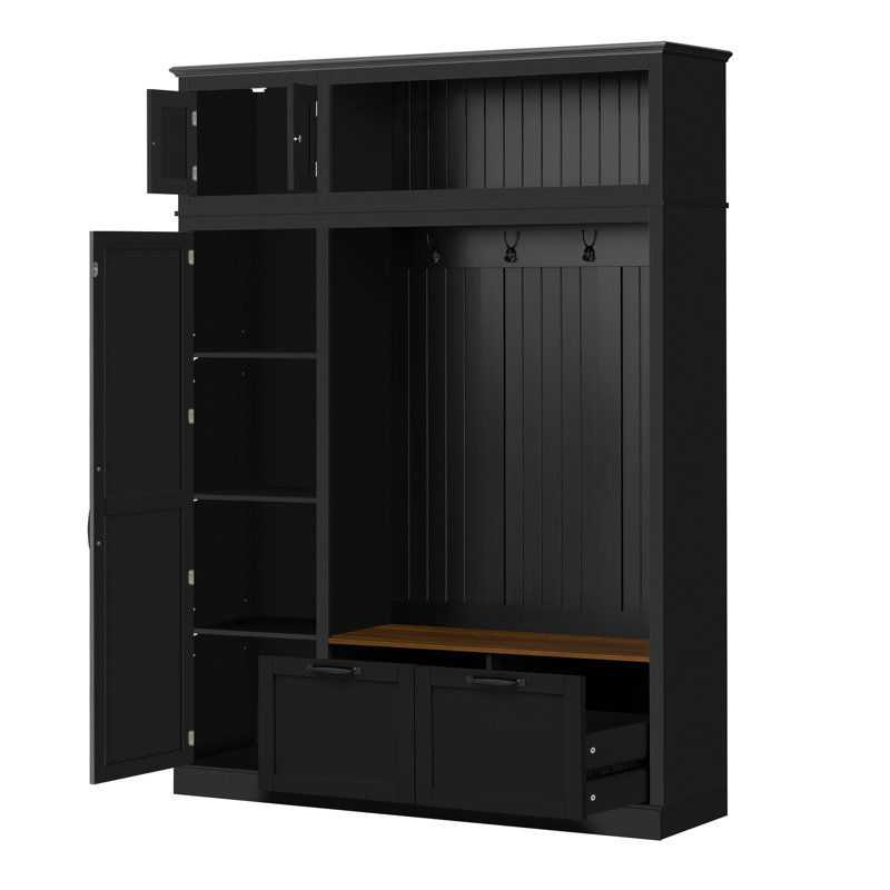 3-In-1 Hall Tree With Overhead Storage Cabinet, 3 Adjustable Side Shelves, 4 Heavy-Duty Hooks, 2 Spacious Drawers, Grooved Back Panel Design, Contrasting Seat Bench, Multifunctional Entryway Organizer