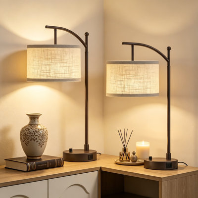 Modern Table Lamp Set Of 2 With Dimmable LED Bulbs & USB C/A Charging Ports, Linen Shade Bedside Lamps For Bedroom, Living Room, And Nightstand