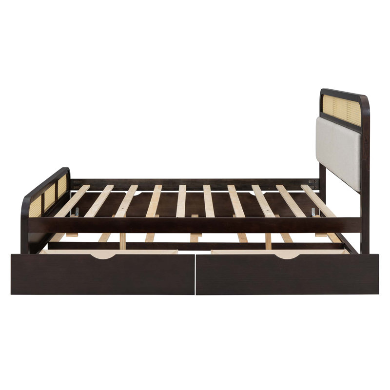 Grand lit plateforme en bois avec lit gigogne et 2 tiroirs, Espresso