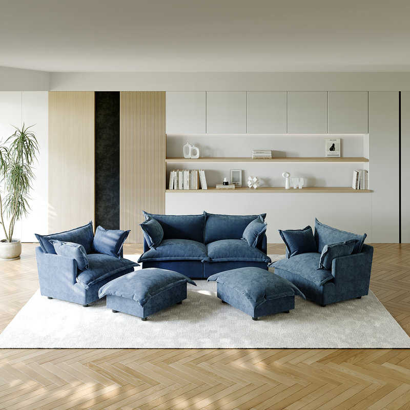 6 Seater Sectional, Navy Chenille