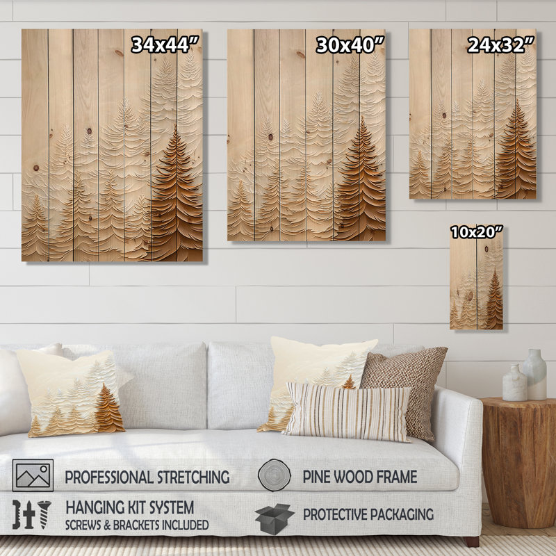 Mist Over The Pines Autumn Forest II - Paysage mural en bois sur bois de pin naturel, H 40 po x l 30 po x P 0,78 po