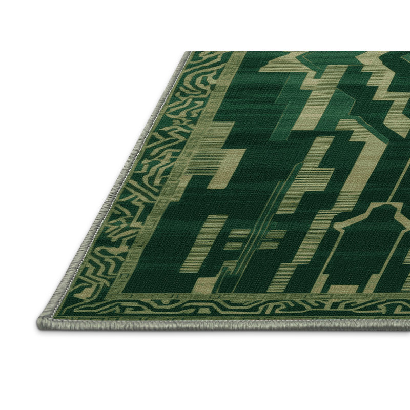 Machine Washable Art Deco Green Area Rug, Round 5'