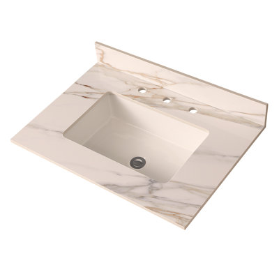 Comptoir de meuble-lavabo en marbre 31 po, comptoir de salle de bain avec lavabo central encastré rectangulaire et dosseret de 4 po de hauteur
