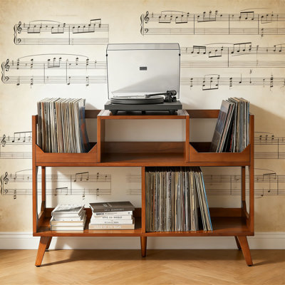Mid-Century Modern Media Console Record Player Stand, Vinyl Storage, Large, Walnut