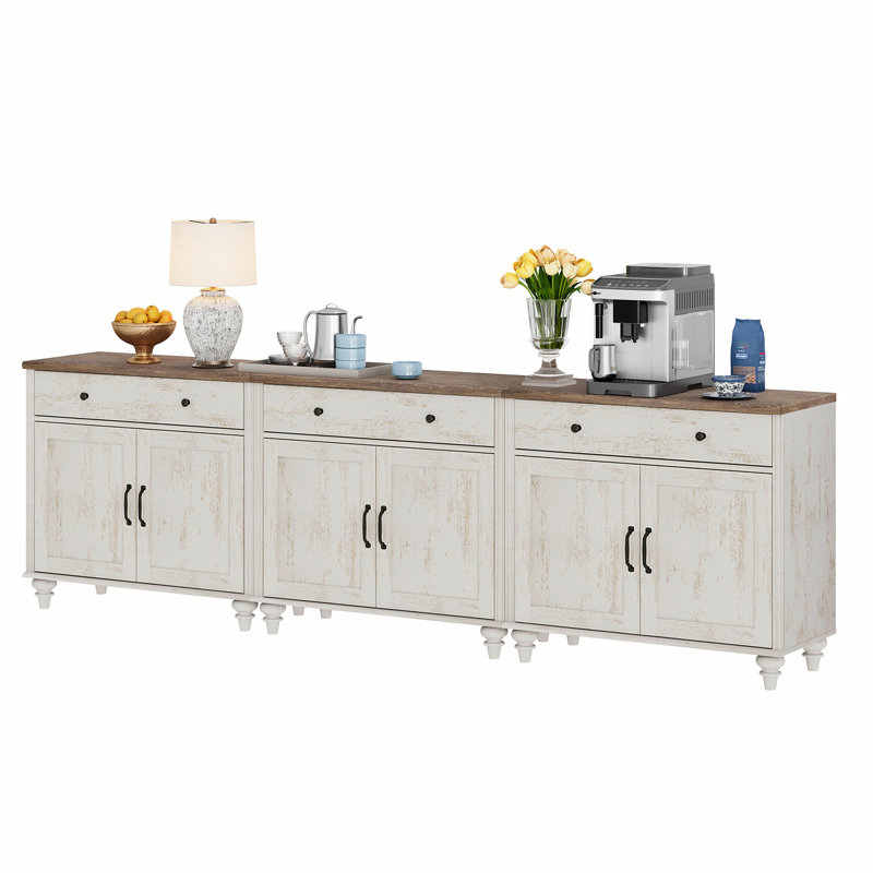 Buffet Cabinet With 6 Doors And 3 Drawers, Large Modern Coffee Bar Table Wood Kitchen Storage Cabinets, Farmhouse Sideboard Credenza For Dining Room, Rustic White, 101"