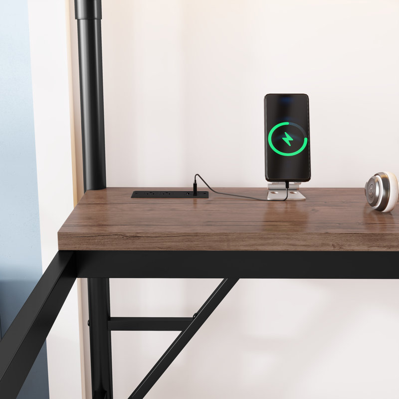 Lit double en métal avec bureau, lumière DEL et station de charge