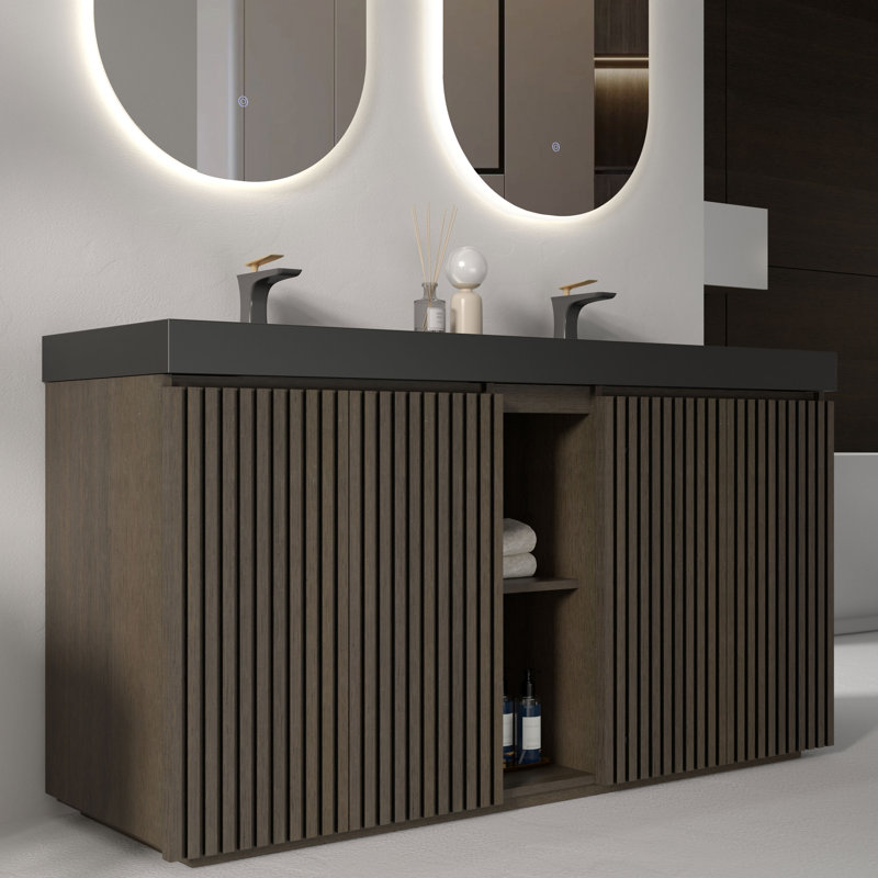 Meuble-lavabo double 60 po avec plateau à surface solide noir mat, brun chêne fumé , 60", Noir/brun foncé, Monotrou