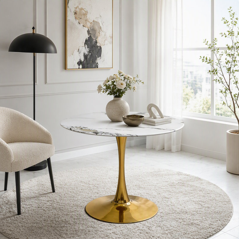 Table tulipe ronde 34,65 pouces avec plateau veiné en marbre, Or + blanc