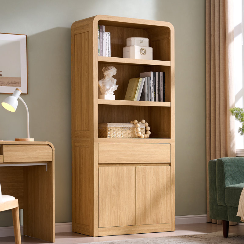 Maud 72" Tall Modern Bookcase with Doors & Drawer, 5-Tier Large Shelving Unit with Adjustable Shelves, Versatile Book Shelf w/Curved Profile Design