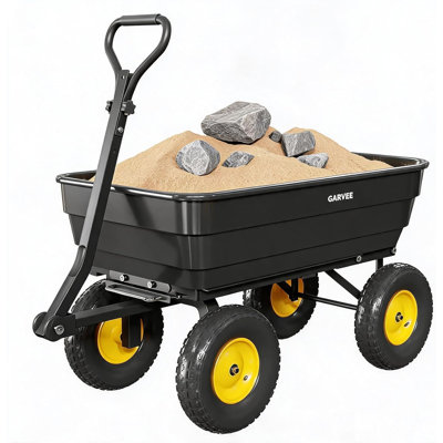 Chariot à benne en poly robuste 1200 lb, chariot de brouette utilitaire 10 pi cu avec pneus sans crevaison, poignée pivotante à 180 ° et dégagement rapide pour la cour, la pelouse et l'aménagement paysager, noir et jaune
